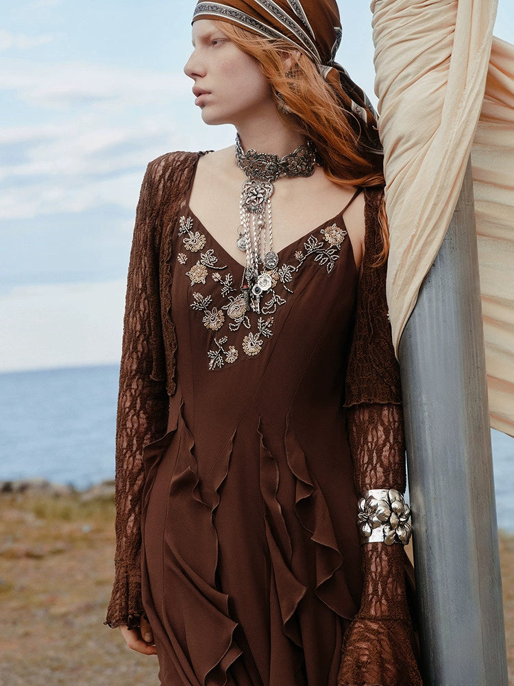 Brown V Neck Ruffled Two-Piece Mini Dress