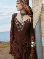 Brown V Neck Ruffled Two-Piece Mini Dress