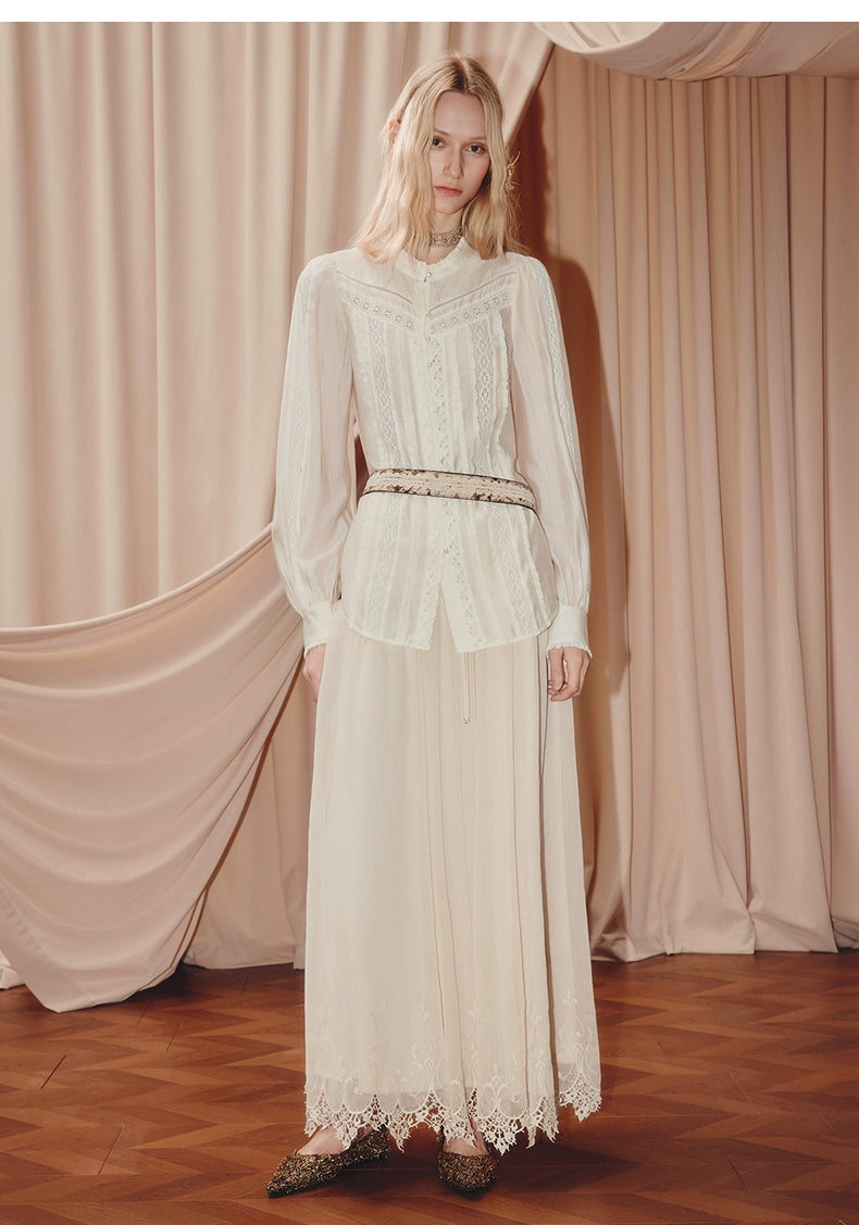 Vintage Lace Shirt Satin Long Sleeve Blouse