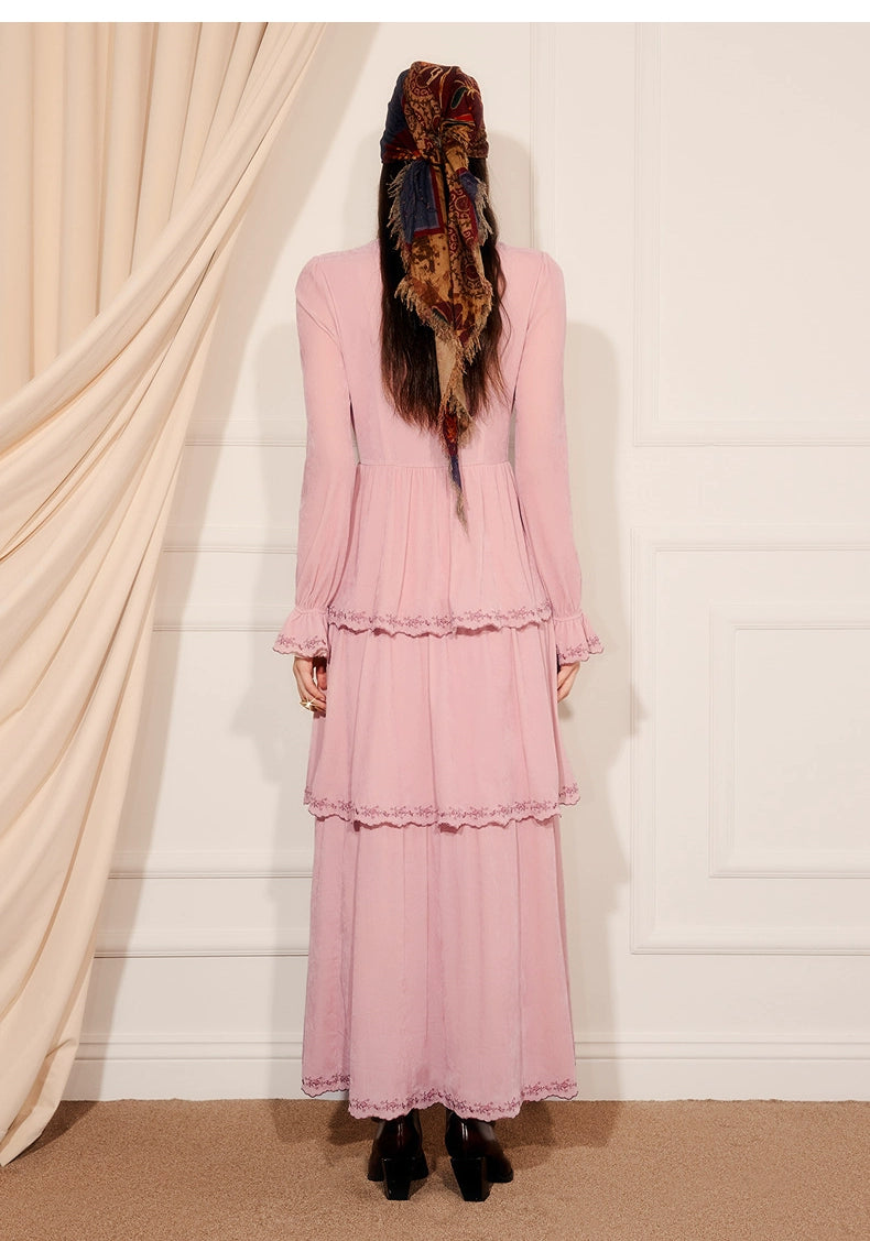 Pink Embroidered Long-sleeved A Line Maxi Dress