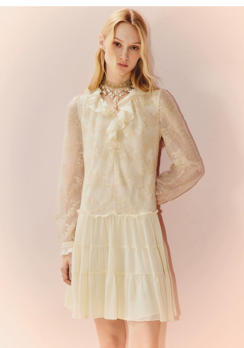 Embroidered Ruffled V Neck Long Sleeve Dress