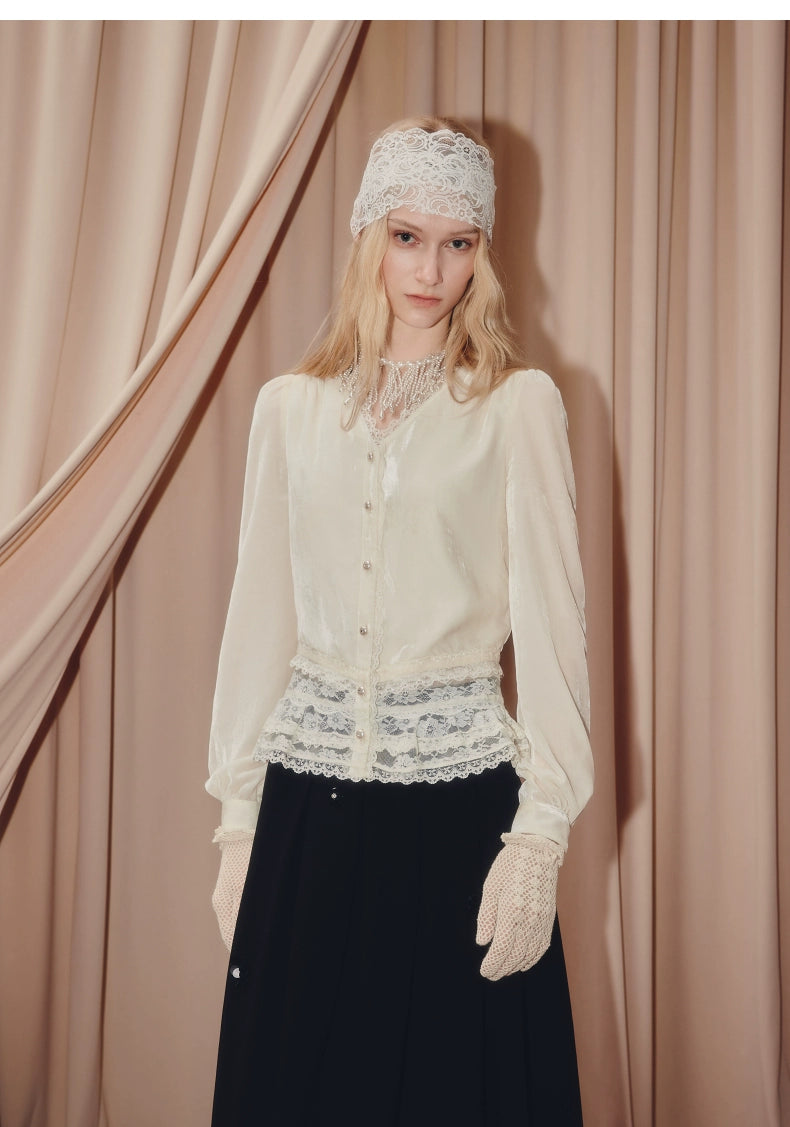 Velvet Lace V-neck Long-sleeved Top