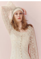 Square Neck Ruffled Long Sleeve Lace Midi Dress