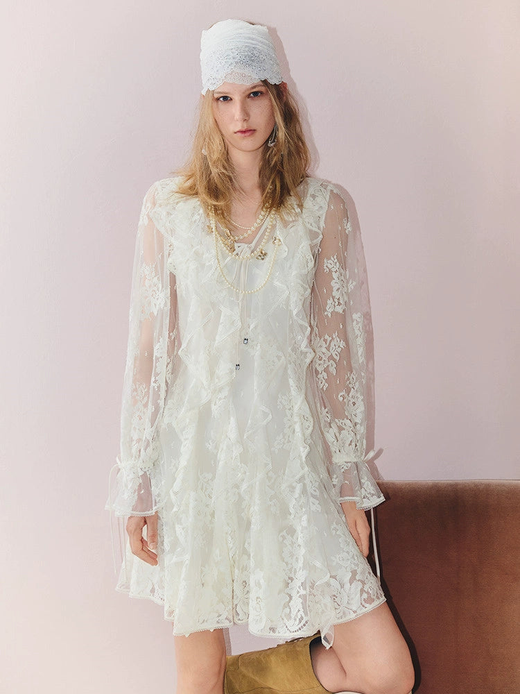 Lace Ruffled Long Sleeve Mini Dress