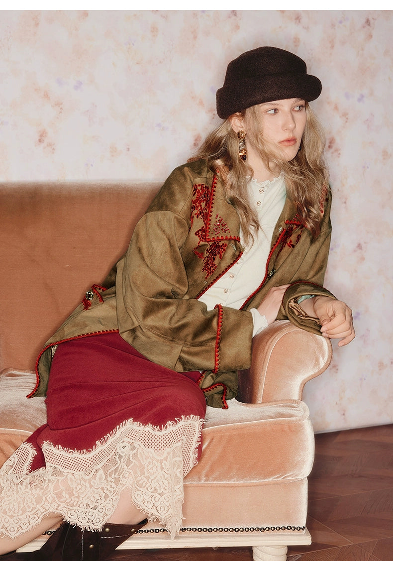 Embroidered Lapel Suede Fleece Jacket