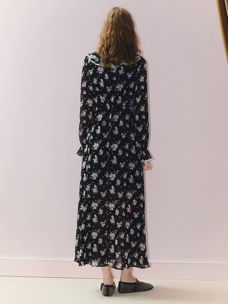 Floral Print V Neck Ruffled Long Sleeve Dress