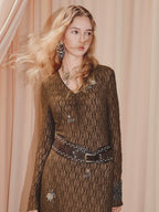 Brown V Neck Long Sleeve Dress