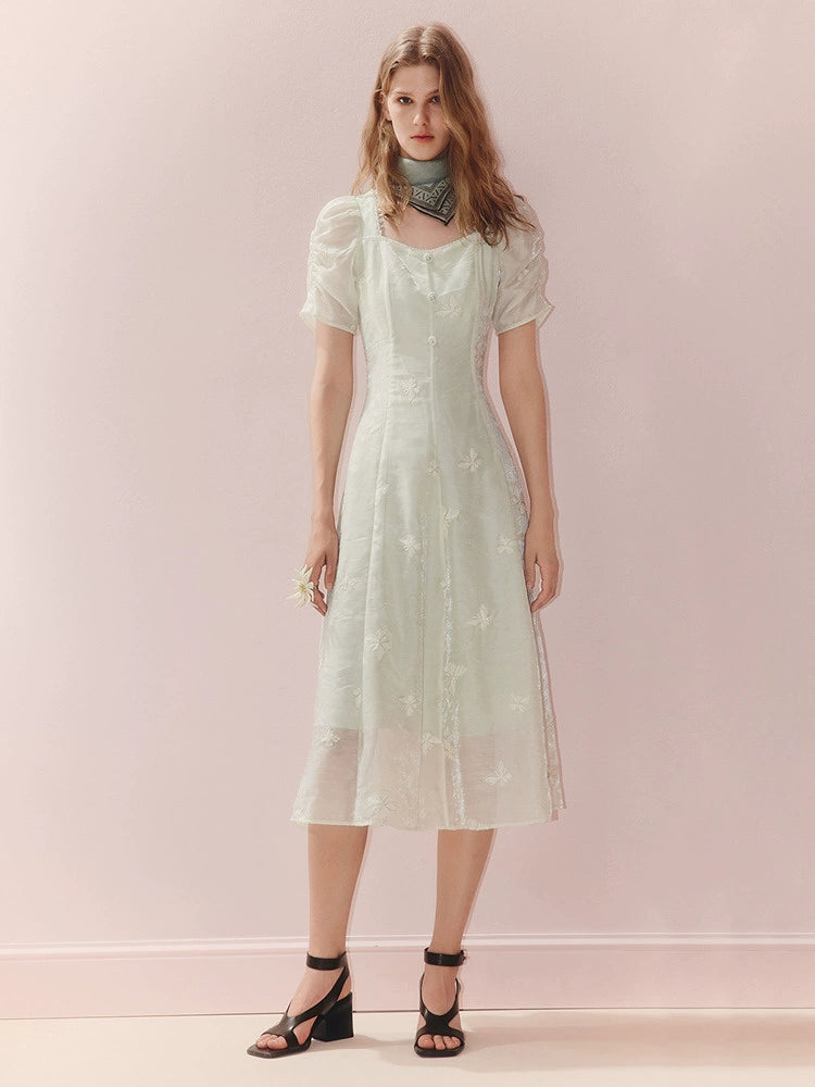 Square Neck Butterfly Embroidered Midi Dress
