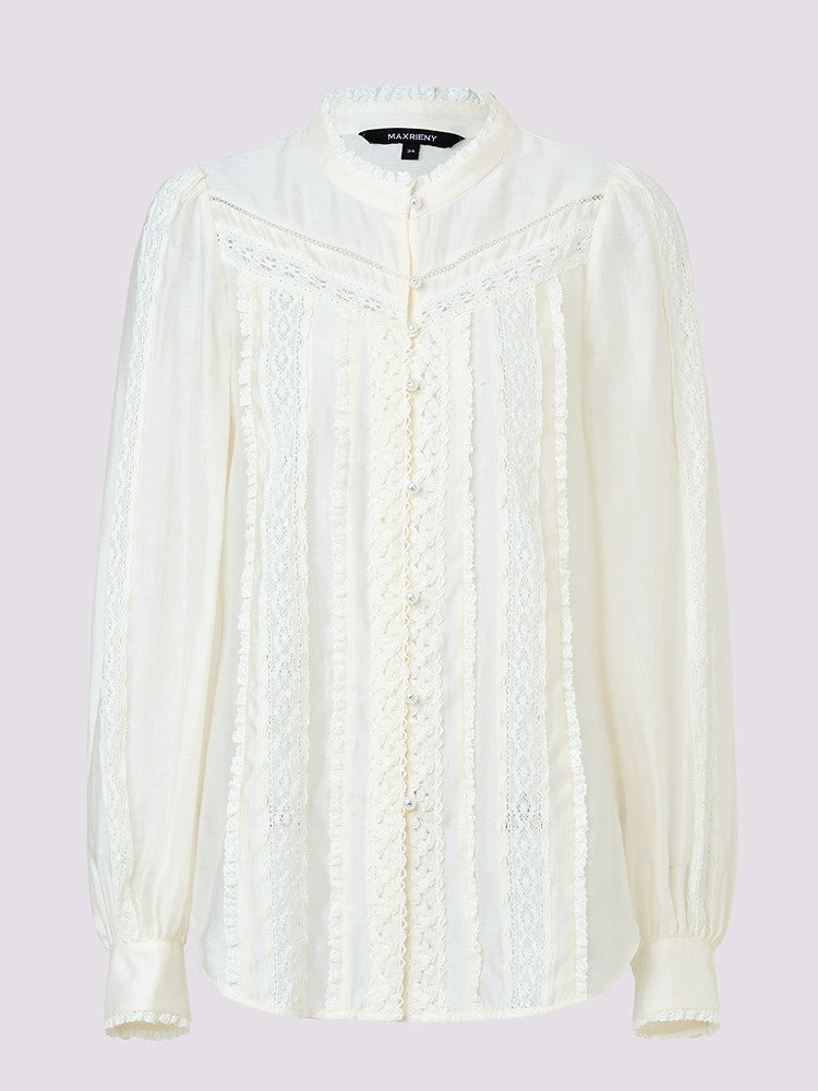 Vintage Lace Shirt Satin Long Sleeve Blouse