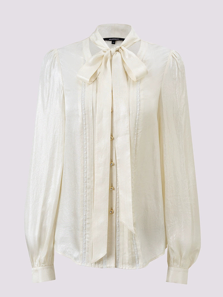 Lace Satin Bow Neckline Long Sleeve Blouse