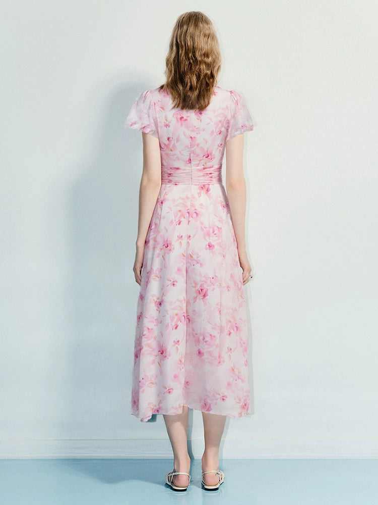 Chiffon Floral Print V Neck Pleated Short Sleeve Midi Dress
