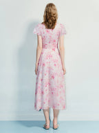 Chiffon Floral Print V Neck Pleated Short Sleeve Midi Dress
