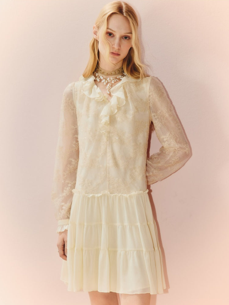 Embroidered Ruffled V Neck Long Sleeve Dress