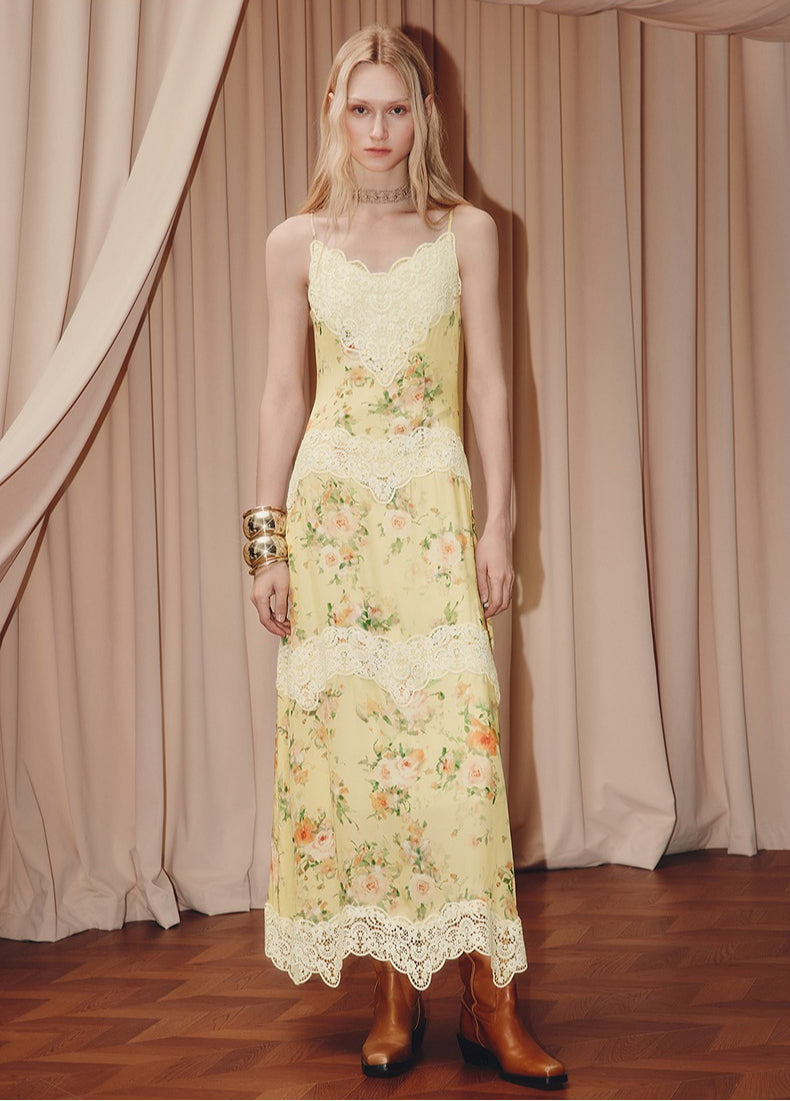 Floral Print Lace V Neck Sleeveless Maxi Dress