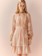 Pink V Neck Ruffles Flower Long Sleeve Mini Dress