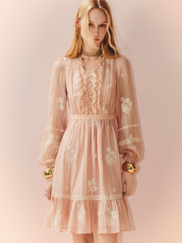 Pink V Neck Ruffles Flower Long Sleeve Mini Dress