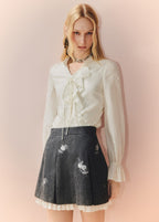 Ruffled V Neck Loose Long Sleeve Satin Top