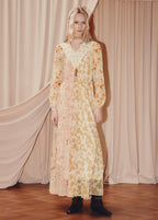 Floral Print V Neck Silk Long Sleeve Maxi Dress