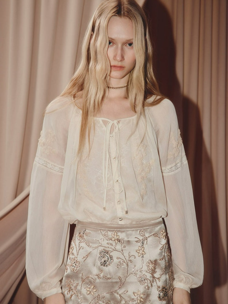 Chiffon Shirt Round Neck Lace Blouse