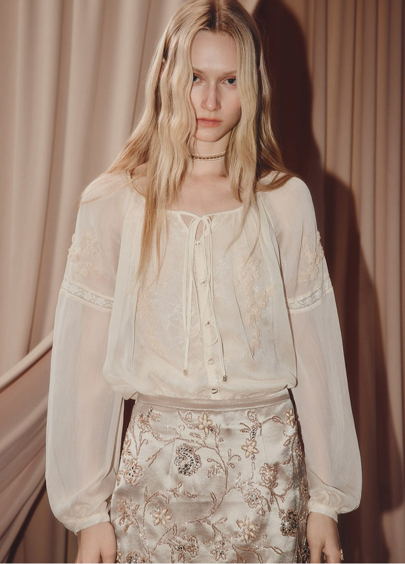 Chiffon Shirt Round Neck Lace Blouse