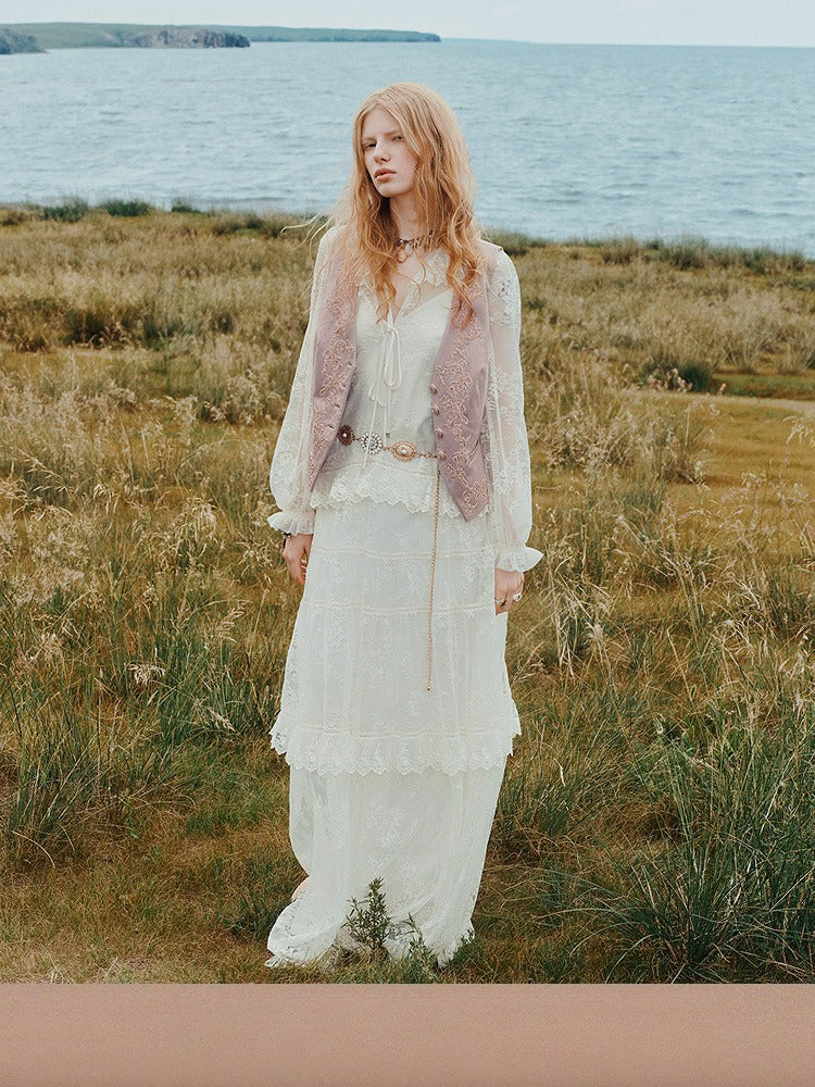 White Bohemian Lace Long Sleeve Maxi Dress