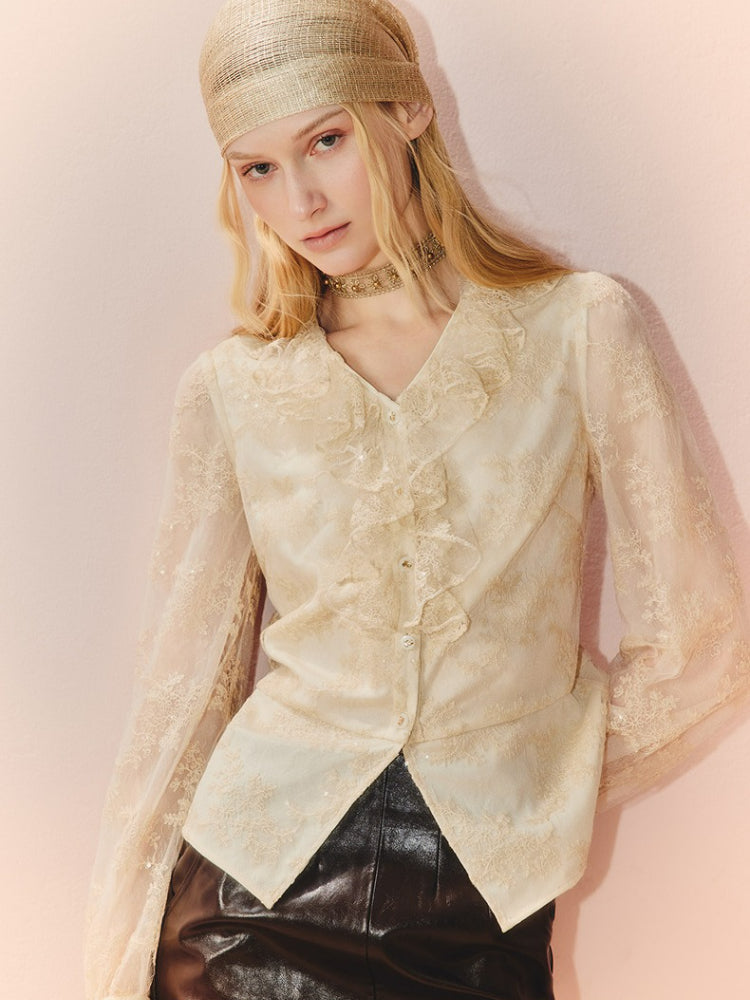 Lace Chiffon V Neck Long Sleeve Top