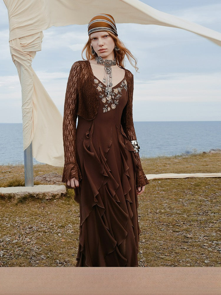 Brown V Neck Ruffled Two-Piece Mini Dress