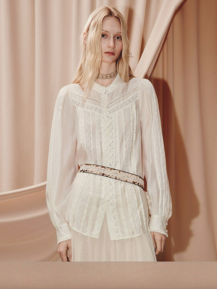 Vintage Lace Shirt Satin Long Sleeve Blouse