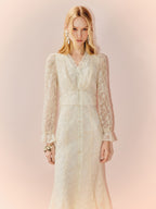 V Neck Long Sleeve Bodycon Lace Midi Dress