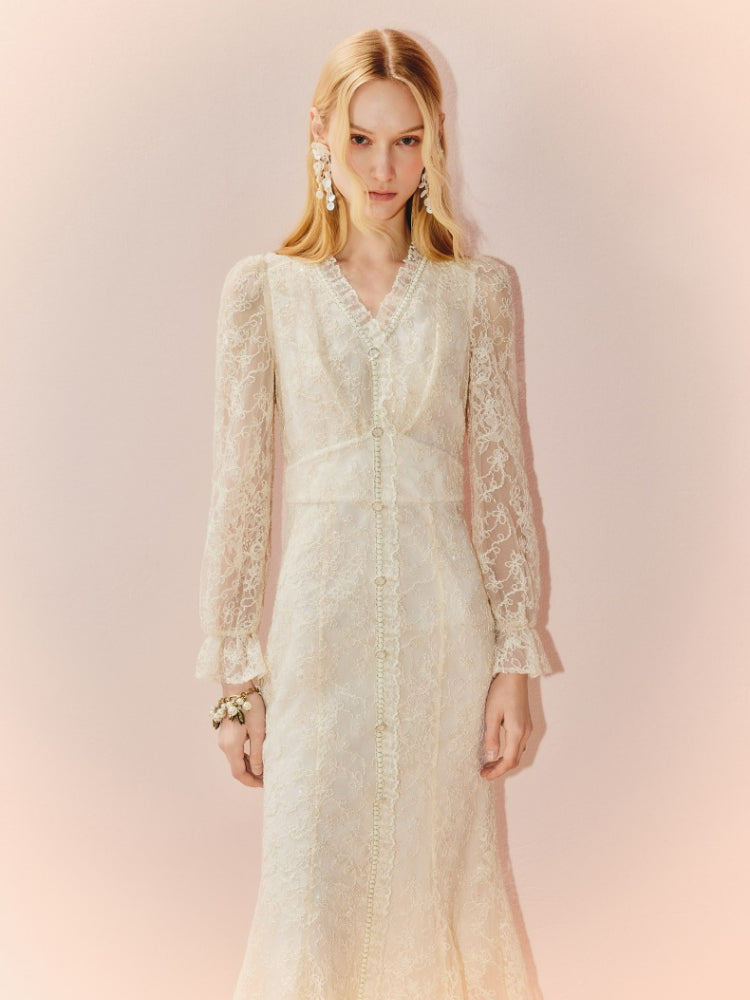 V Neck Long Sleeve Bodycon Lace Midi Dress