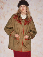 Embroidered Lapel Suede Fleece Jacket