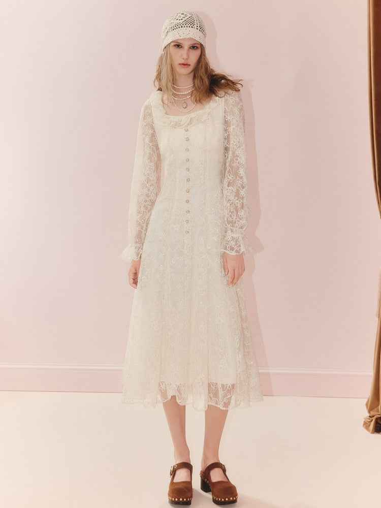 Square Neck Ruffled Long Sleeve Lace Midi Dress