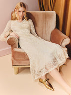 V Neck Long Sleeve Bodycon Lace Midi Dress