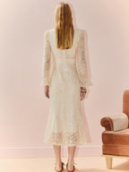 V Neck Long Sleeve Bodycon Lace Midi Dress