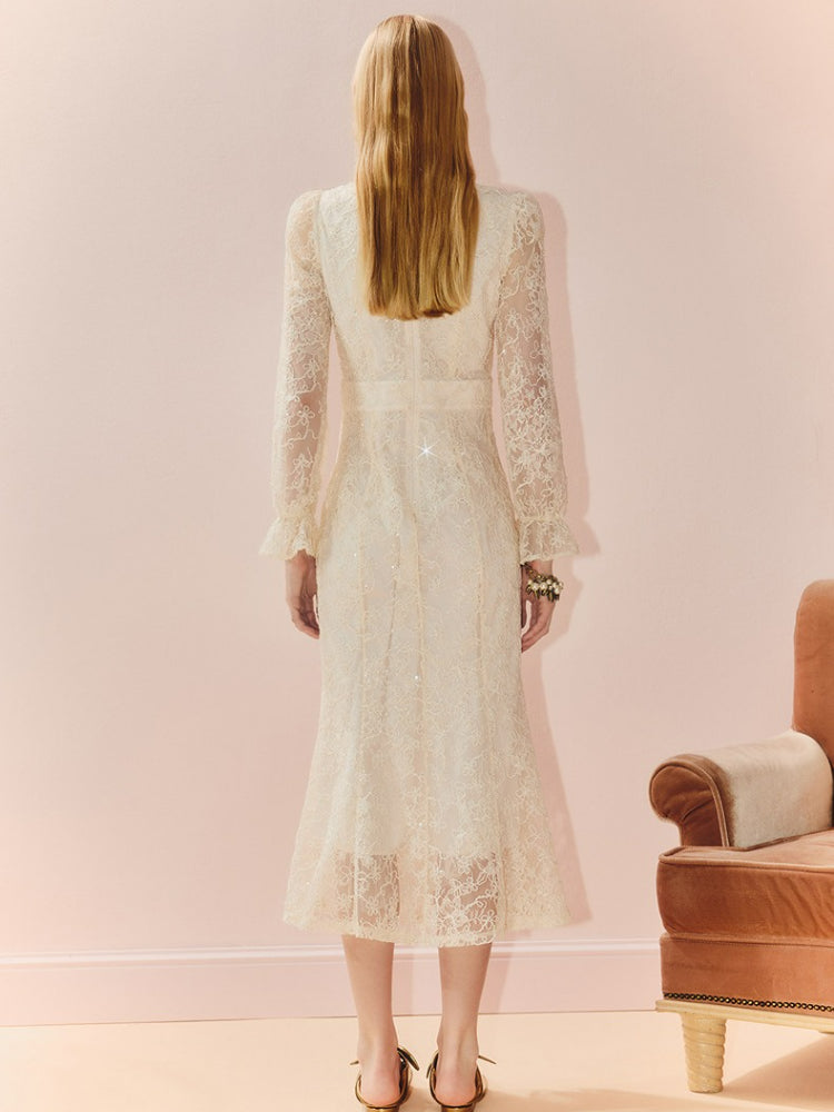 V Neck Long Sleeve Bodycon Lace Midi Dress