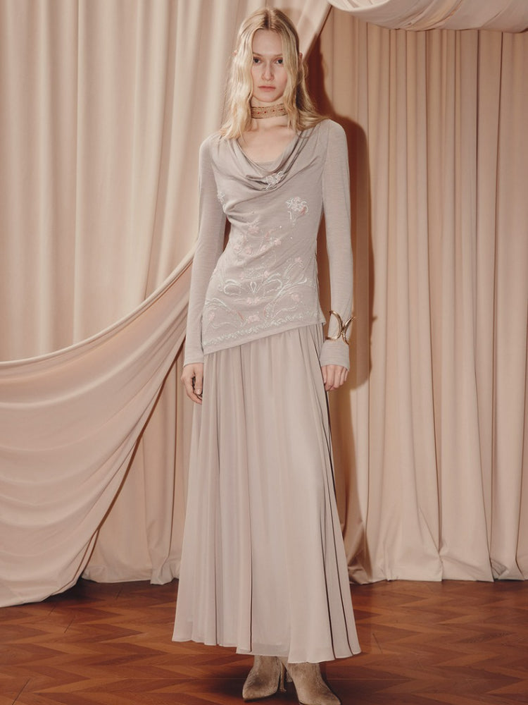 Khaki Crew Collar A Line Long Sleeve Dress