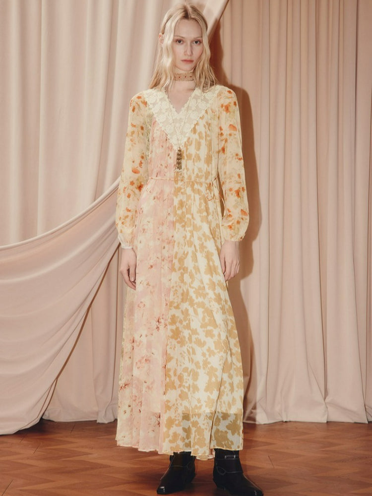 Floral Print V Neck Silk Long Sleeve Maxi Dress