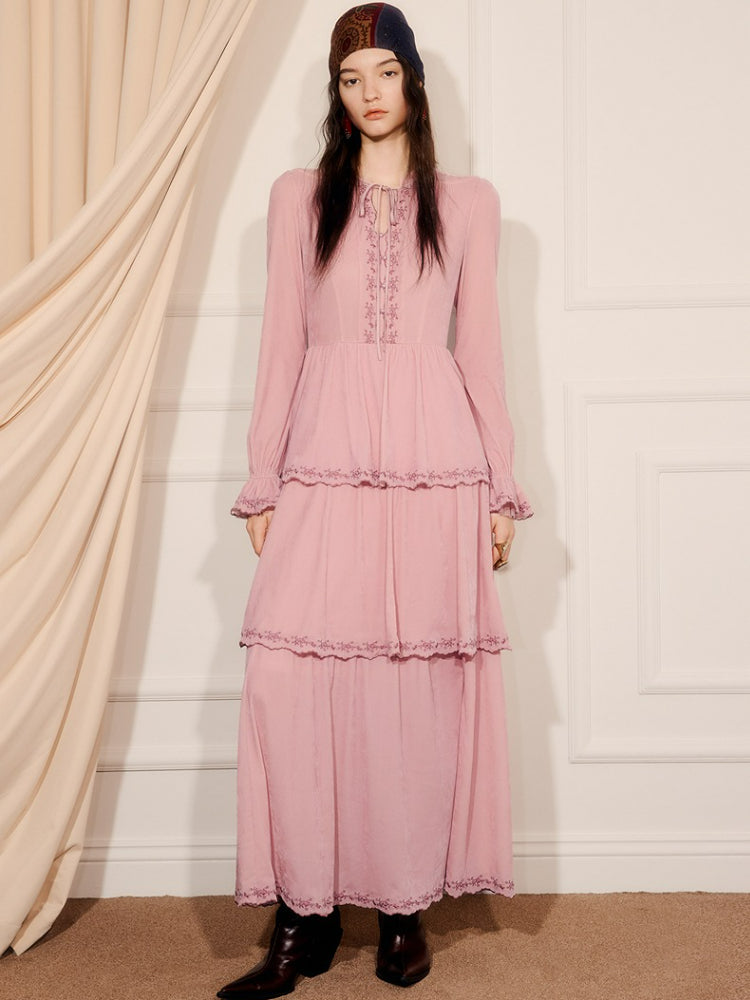 Pink Embroidered Long-sleeved A Line Maxi Dress
